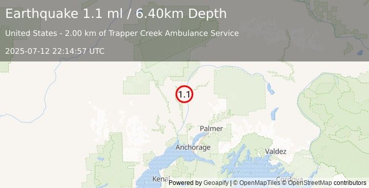 Earthquake 3 km SSW of Trapper Creek, Alaska (1.1 ml) (2025-07-12 22:14:57 UTC)