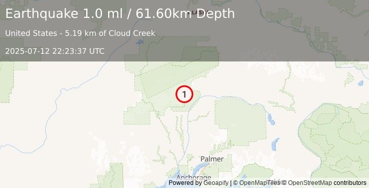 Earthquake 50 km N of Chase, Alaska (1.0 ml) (2025-07-12 22:23:37 UTC)