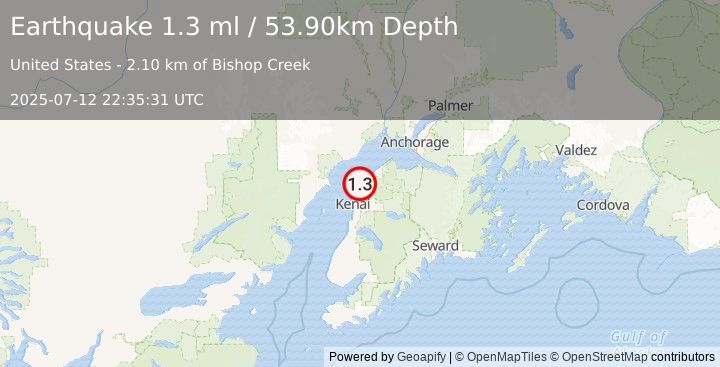 Earthquake 13 km NE of Nikiski, Alaska (1.3 ml) (2025-07-12 22:35:31 UTC)