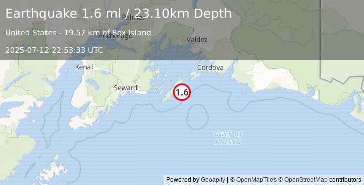 Earthquake 57 km E of Chenega, Alaska (1.6 ml) (2025-07-12 22:53:33 UTC)