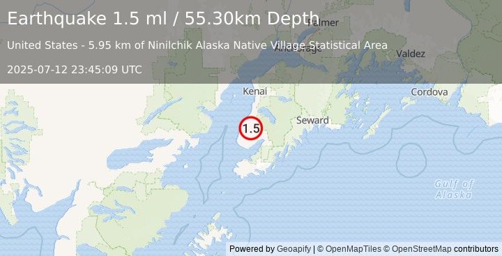 Earthquake 18 km ESE of Ninilchik, Alaska (1.5 ml) (2025-07-12 23:45:09 UTC)