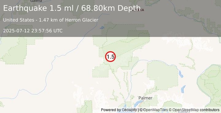 Earthquake 63 km S of Denali National Park, Alaska (1.5 ml) (2025-07-12 23:57:56 UTC)
