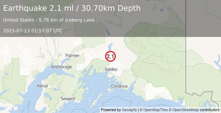 Earthquake 48 km N of Valdez, Alaska (2.1 ml) (2025-07-13 01:57:07 UTC)
