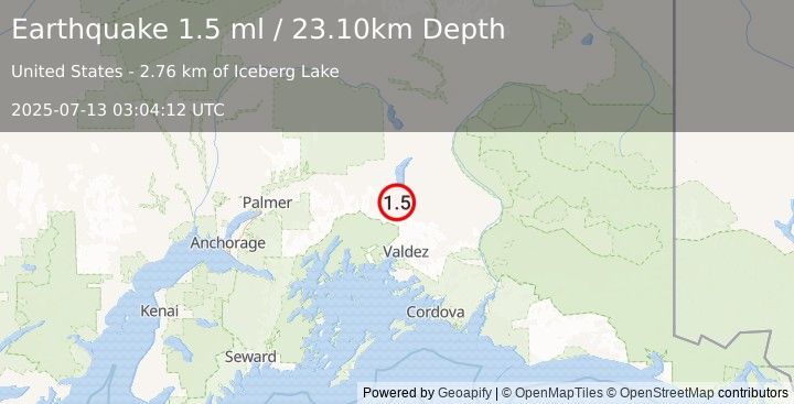 Earthquake 45 km SSE of Nelchina, Alaska (1.5 ml) (2025-07-13 03:04:12 UTC)
