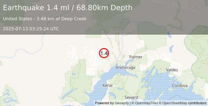 Earthquake 28 km SSW of Skwentna, Alaska (1.4 ml) (2025-07-13 03:25:24 UTC)