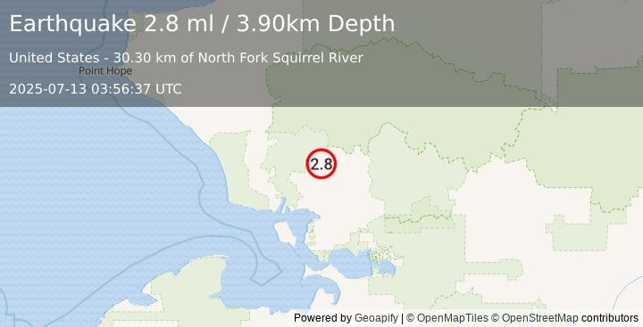 Earthquake 66 km E of Noatak, Alaska (2.8 ml) (2025-07-13 03:56:37 UTC)