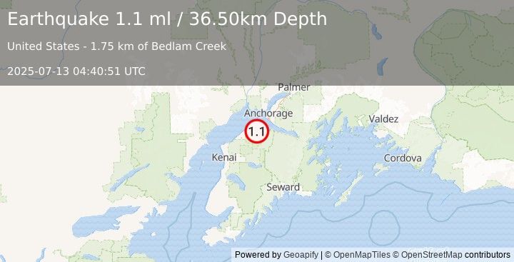 Earthquake 24 km E of Point Possession, Alaska (1.1 ml) (2025-07-13 04:40:51 UTC)