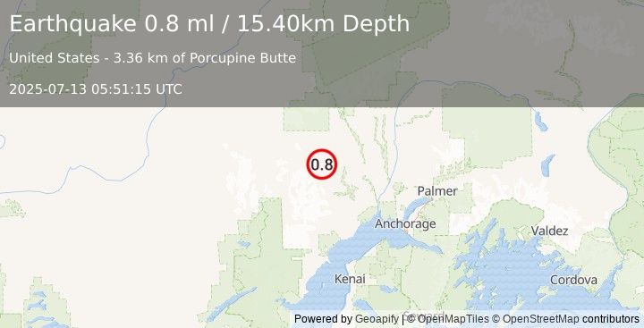 Earthquake 30 km WSW of Skwentna, Alaska (0.8 ml) (2025-07-13 05:51:15 UTC)