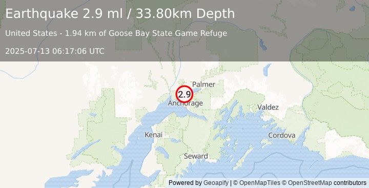 Earthquake 5 km NNE of Point MacKenzie, Alaska (2.9 ml) (2025-07-13 06:17:06 UTC)