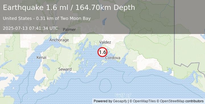 Earthquake 13 km SSE of Tatitlek, Alaska (1.6 ml) (2025-07-13 07:41:34 UTC)