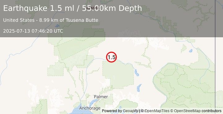 Earthquake 62 km SSE of Cantwell, Alaska (1.5 ml) (2025-07-13 07:46:20 UTC)