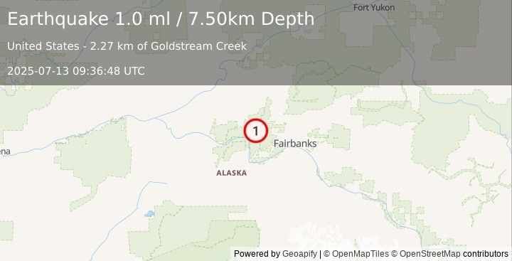 Earthquake 25 km SE of Minto, Alaska (1.0 ml) (2025-07-13 09:36:48 UTC)