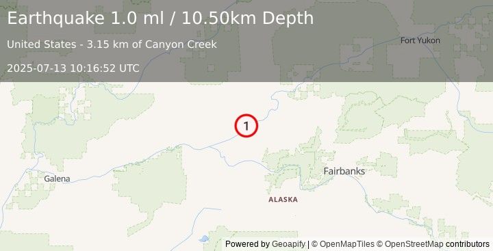 Earthquake 32 km WSW of Rampart, Alaska (1.0 ml) (2025-07-13 10:16:52 UTC)