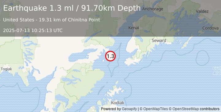 Earthquake 59 km WNW of Nanwalek, Alaska (1.3 ml) (2025-07-13 10:25:13 UTC)
