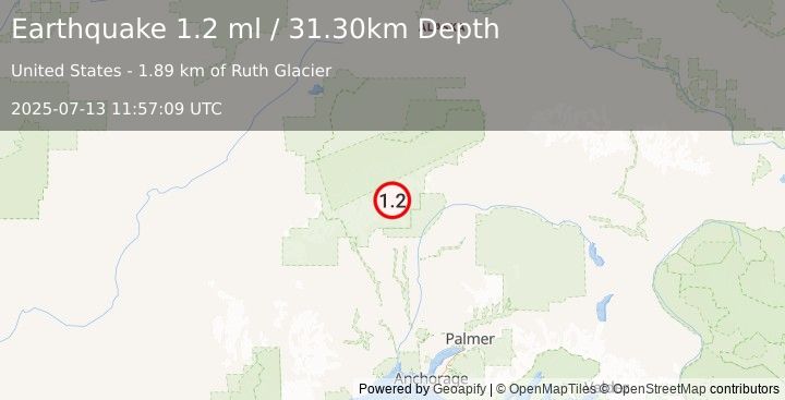 Earthquake 45 km N of Petersville, Alaska (1.2 ml) (2025-07-13 11:57:09 UTC)