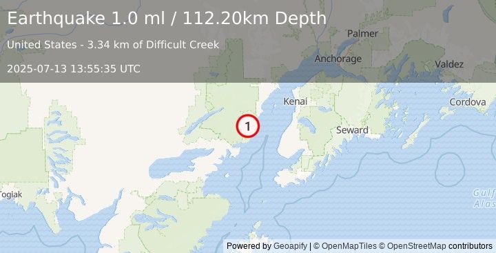 Earthquake 62 km WNW of Happy Valley, Alaska (1.0 ml) (2025-07-13 13:55:35 UTC)