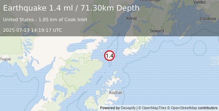 Earthquake 56 km WSW of Nanwalek, Alaska (1.4 ml) (2025-07-13 14:19:17 UTC)