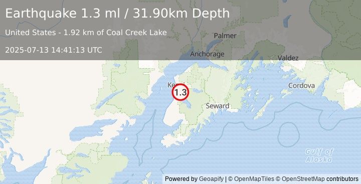 Earthquake 9 km S of Soldotna, Alaska (1.3 ml) (2025-07-13 14:41:13 UTC)