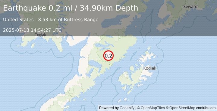 Earthquake 86 km ESE of King Salmon, Alaska (0.2 ml) (2025-07-13 14:54:27 UTC)