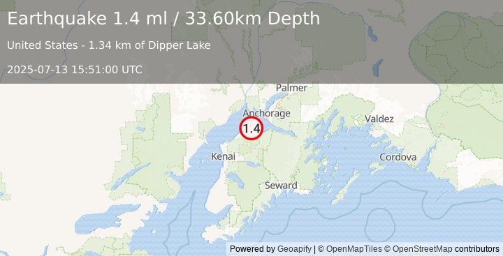Earthquake 18 km ENE of Point Possession, Alaska (1.4 ml) (2025-07-13 15:51:00 UTC)