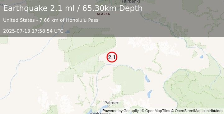 Earthquake 33 km S of Cantwell, Alaska (2.1 ml) (2025-07-13 17:58:54 UTC)