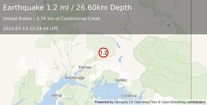 Earthquake 35 km NW of Eureka Roadhouse, Alaska (1.2 ml) (2025-07-13 22:24:44 UTC)
