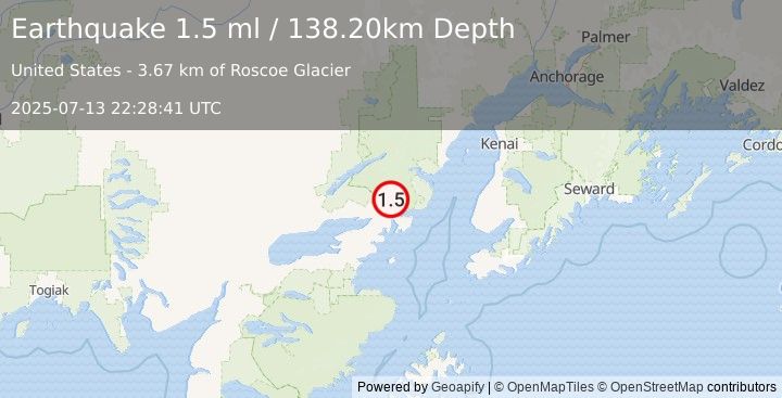 Earthquake 43 km ENE of Pedro Bay, Alaska (1.5 ml) (2025-07-13 22:28:41 UTC)