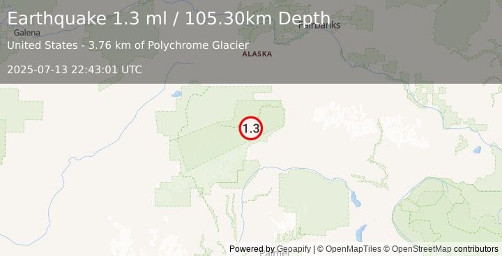 Earthquake 45 km W of Cantwell, Alaska (1.3 ml) (2025-07-13 22:43:01 UTC)
