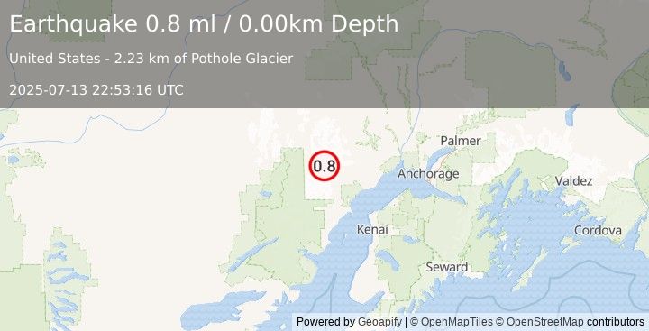 Earthquake 74 km WNW of Tyonek, Alaska (0.8 ml) (2025-07-13 22:53:16 UTC)