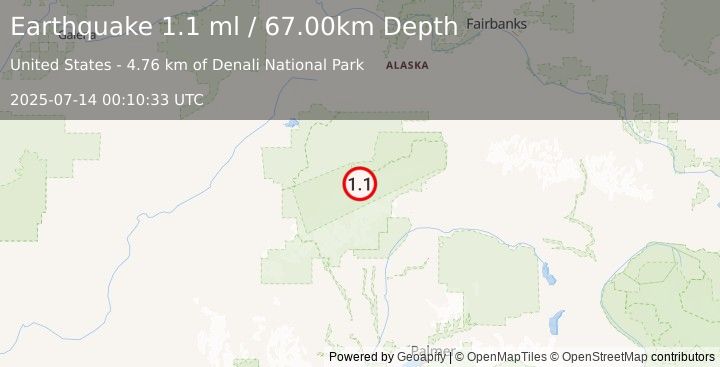 Earthquake 57 km ESE of Denali National Park, Alaska (1.1 ml) (2025-07-14 00:10:33 UTC)