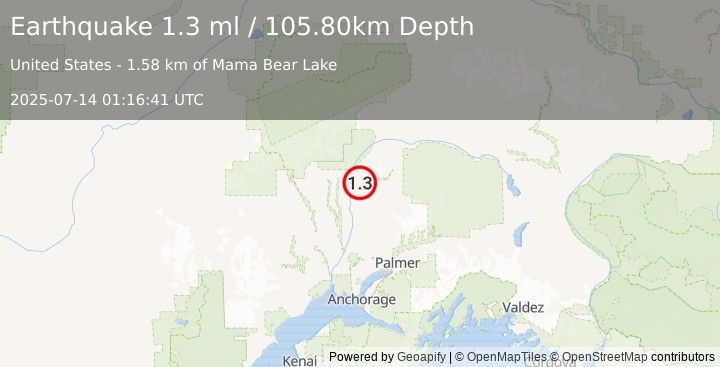 Earthquake 9 km ESE of Chase, Alaska (1.3 ml) (2025-07-14 01:16:41 UTC)