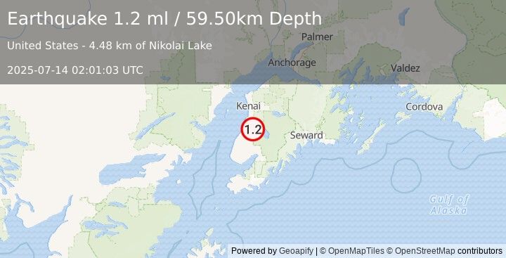 Earthquake 15 km ESE of Clam Gulch, Alaska (1.2 ml) (2025-07-14 02:01:03 UTC)