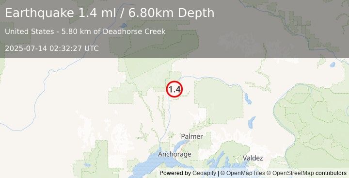 Earthquake 19 km NNE of Chase, Alaska (1.4 ml) (2025-07-14 02:32:27 UTC)
