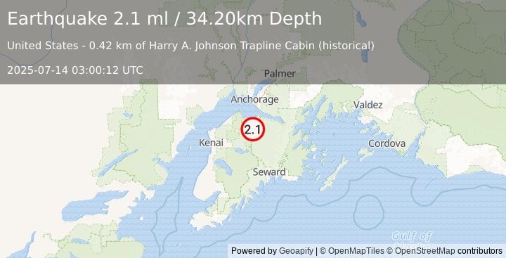 Earthquake 24 km SW of Hope, Alaska (2.1 ml) (2025-07-14 03:00:12 UTC)