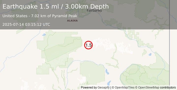 Earthquake 37 km ENE of Cantwell, Alaska (1.5 ml) (2025-07-14 03:15:12 UTC)
