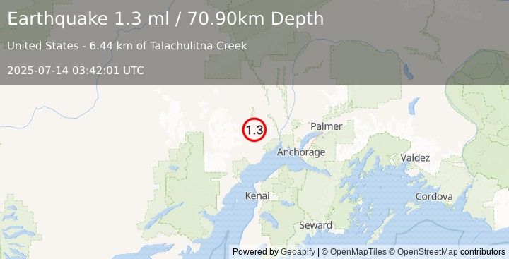 Earthquake 44 km W of Susitna, Alaska (1.3 ml) (2025-07-14 03:42:01 UTC)