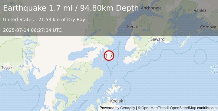 Earthquake 61 km WNW of Nanwalek, Alaska (1.7 ml) (2025-07-14 06:27:04 UTC)