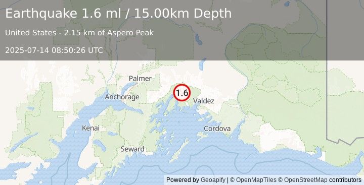 Earthquake 54 km WNW of Valdez, Alaska (1.6 ml) (2025-07-14 08:50:26 UTC)