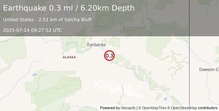 Earthquake 7 km ESE of Salcha, Alaska (0.3 ml) (2025-07-14 09:27:52 UTC)