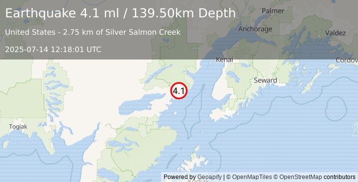 Earthquake 44 km ENE of Pedro Bay, Alaska (4.4 ml) (2025-07-14 12:18:02 UTC)