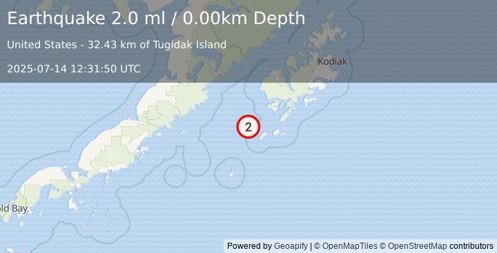 Earthquake 63 km WSW of Akhiok, Alaska (2.0 ml) (2025-07-14 12:31:50 UTC)