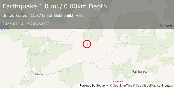 Earthquake 73 km S of New Allakaket, Alaska (1.0 ml) (2025-07-14 13:26:46 UTC)
