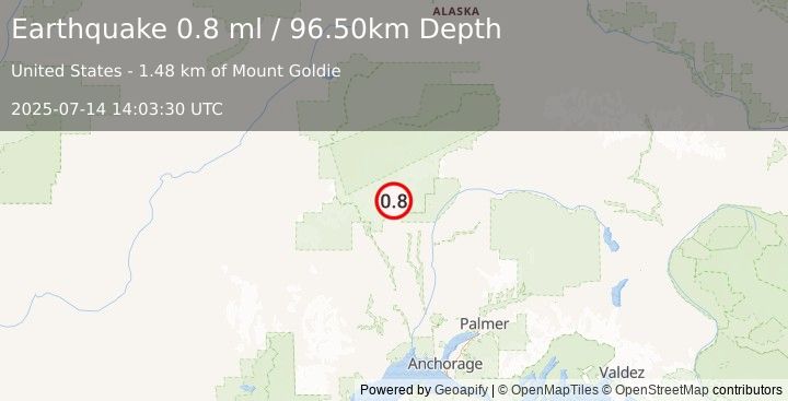 Earthquake 29 km NNW of Petersville, Alaska (0.8 ml) (2025-07-14 14:03:30 UTC)
