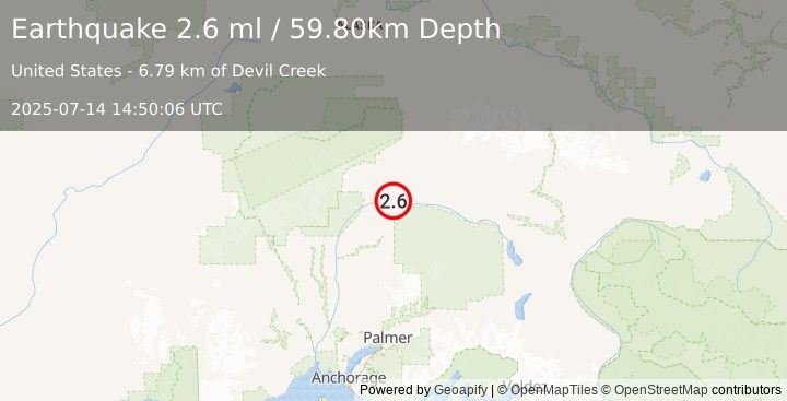 Earthquake 57 km S of Cantwell, Alaska (2.6 ml) (2025-07-14 14:50:06 UTC)