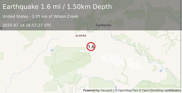 Earthquake 15 km E of Ferry, Alaska (1.6 ml) (2025-07-14 16:57:27 UTC)