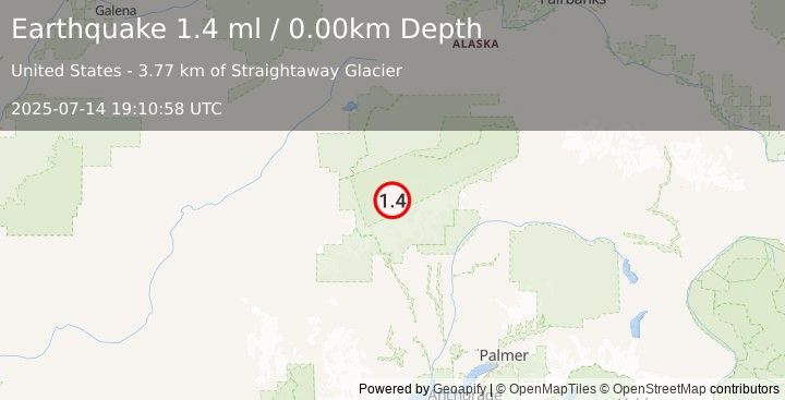 Earthquake 57 km SSE of Denali National Park, Alaska (1.4 ml) (2025-07-14 19:10:58 UTC)