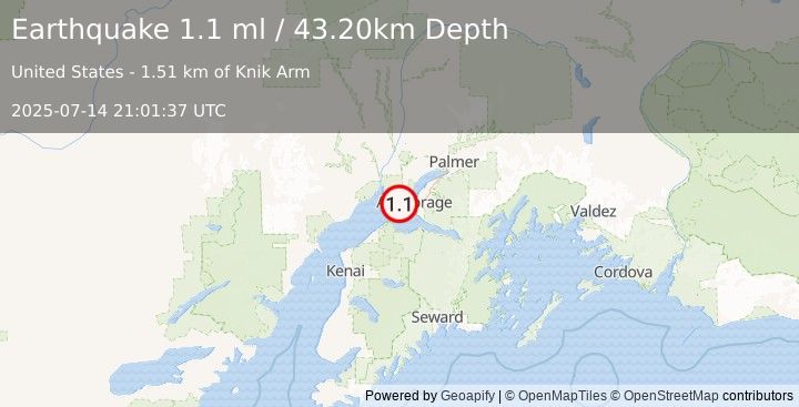 Earthquake 15 km W of Anchorage, Alaska (1.1 ml) (2025-07-14 21:01:37 UTC)