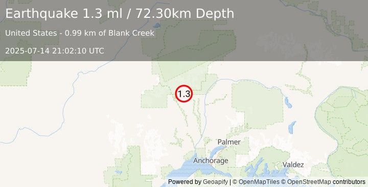 Earthquake 16 km WNW of Petersville, Alaska (1.3 ml) (2025-07-14 21:02:10 UTC)
