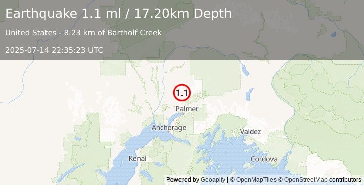 Earthquake 21 km NNW of Fishhook, Alaska (1.1 ml) (2025-07-14 22:35:23 UTC)