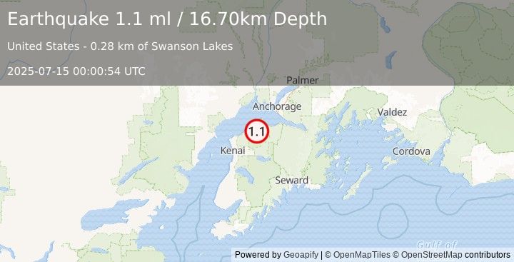 Earthquake 13 km SE of Point Possession, Alaska (1.1 ml) (2025-07-15 00:00:54 UTC)